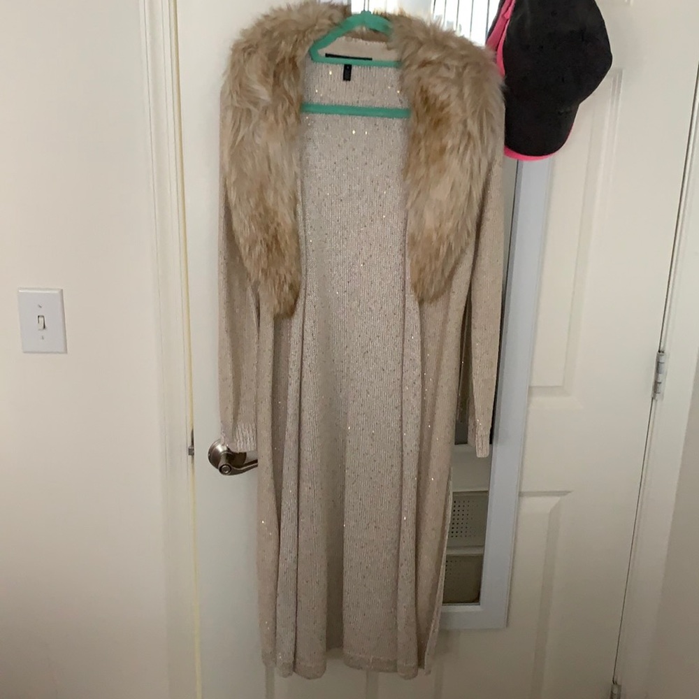 WHBM Long cardigan with detachable fur collar